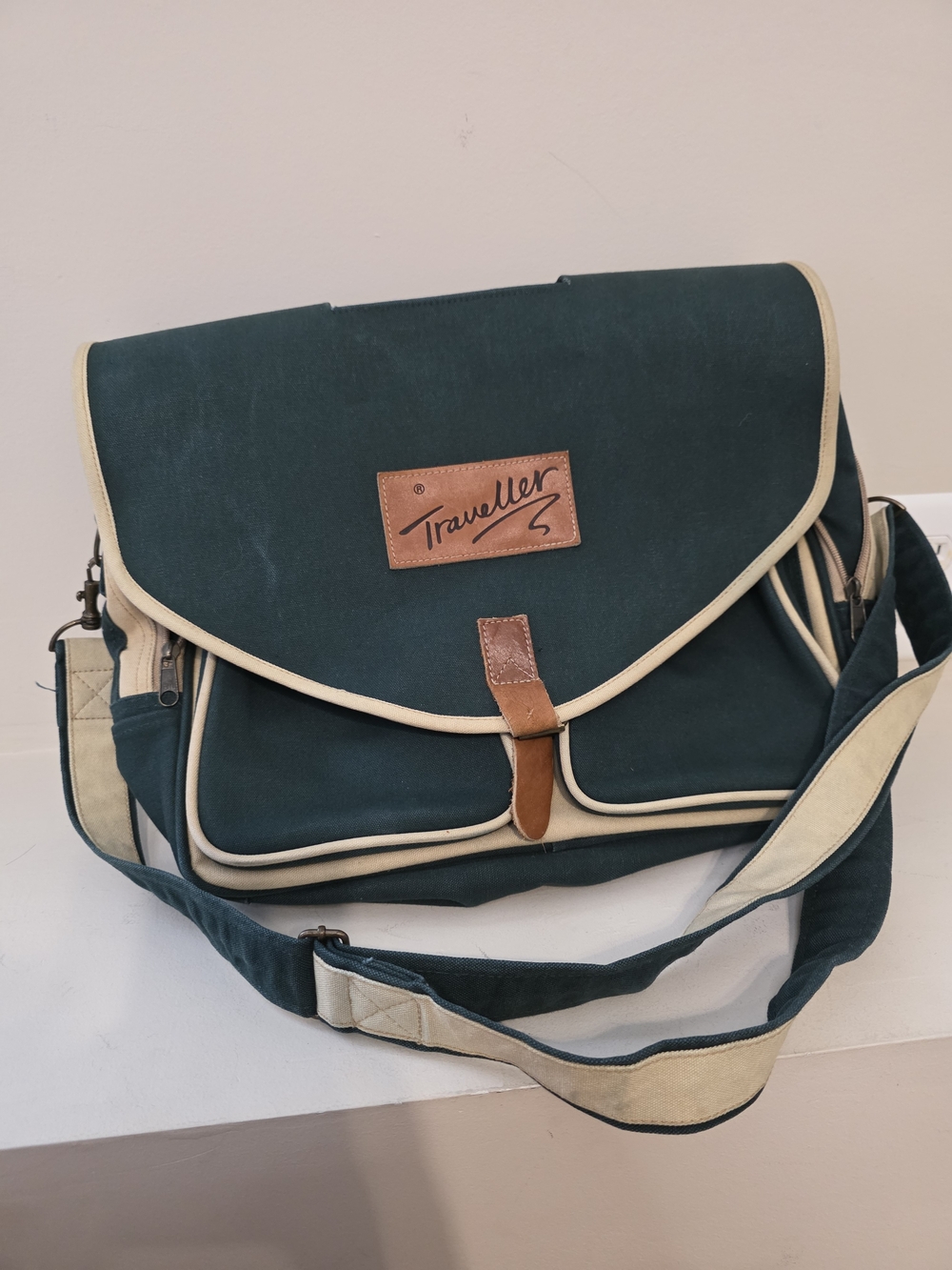 Dark Green Canvas Messenger Bag with Cream Trim